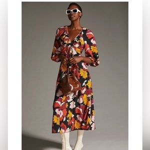 MAEVE by Anthropologie Deep-V Ruched Midi Dress Womens 10 Floral Cottagecore